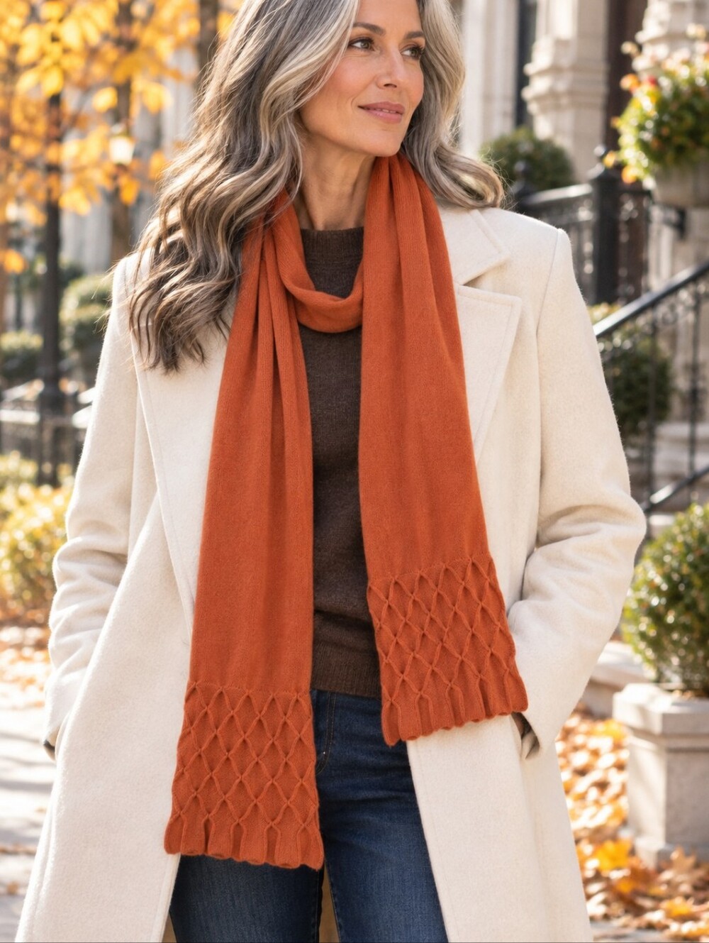 Portolano 100% Cashmere Scarf Burnt Orange Cable Knit 80" Long